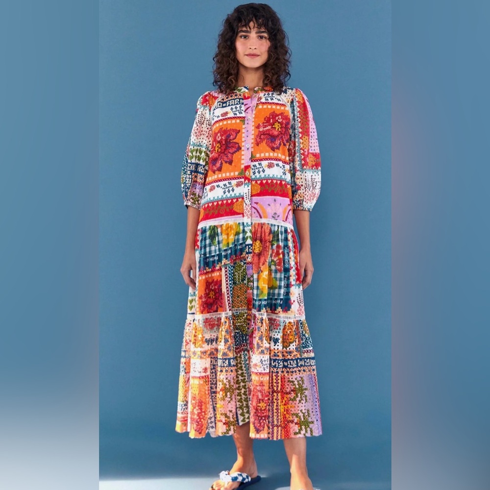 FARM Rio Vibrant Patchwork Summer Stitches Eyelet Maxi Dress Sz Small